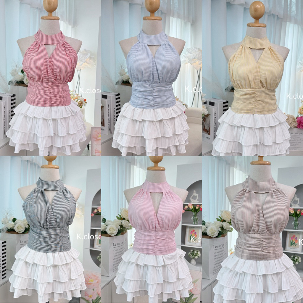เสื้อครอปคล้องคอ คอวีเว้าหลังเซ็กซี่ ทรงสวยหรูดูแพง (เสื้ออย่างเดียว)