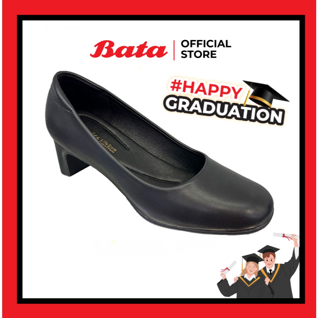 *Best Seller* Bata บาจา รองเท้าคัทชูหนัง รองเท้ารับปริญญา ทำงาน สำหรับผู้หญิง ส้นสูง 2 นิ้ว สีดำ รหัส 7516661