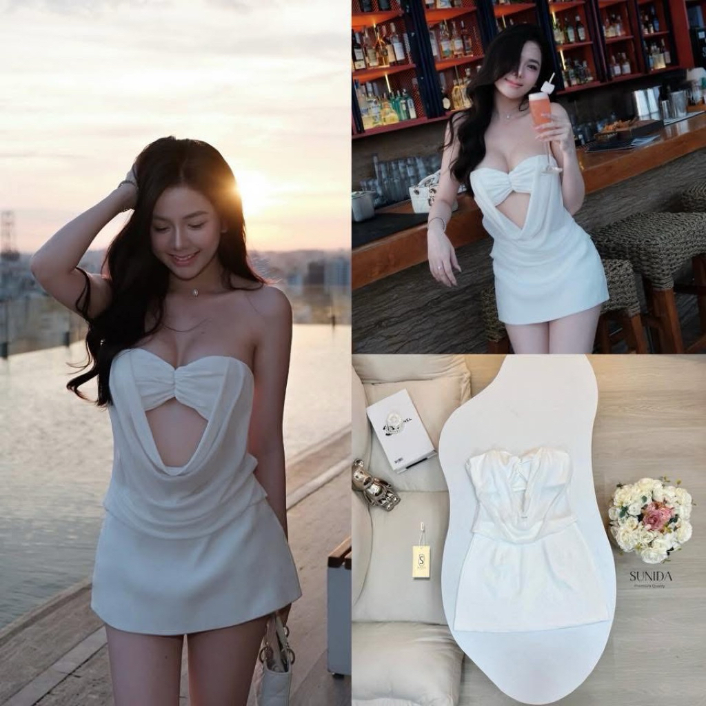 SUNIDA (ว่าง S1)เซ็ต 2 ชิ้น เสื้อเกาะอก+กระโปรงสวยแซ่บฮิตปังขายดี ✅