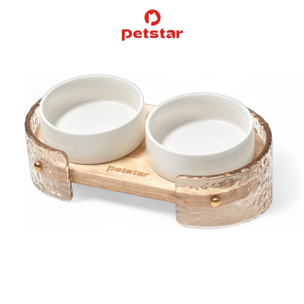 Petstar ชามอาหารสัตว์เลี้ยง ชามอาหารสุนัข ชามอาหารแมว ถ้วยเซรามิก 2 ช่อง Food bowl ถ้วยอาหารแมว กันลื่นได้ดี