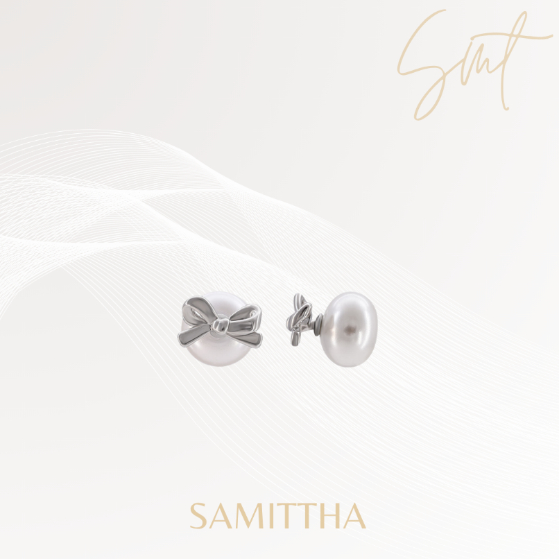 Samittha ต่างหูเงินแท้S925รูปโบว์มุก(คนแพ้ง่ายใส่ได้)สไตล์ลูกคุณหนูรุ่น Pearl Bow [รับประกัน 14 วัน]