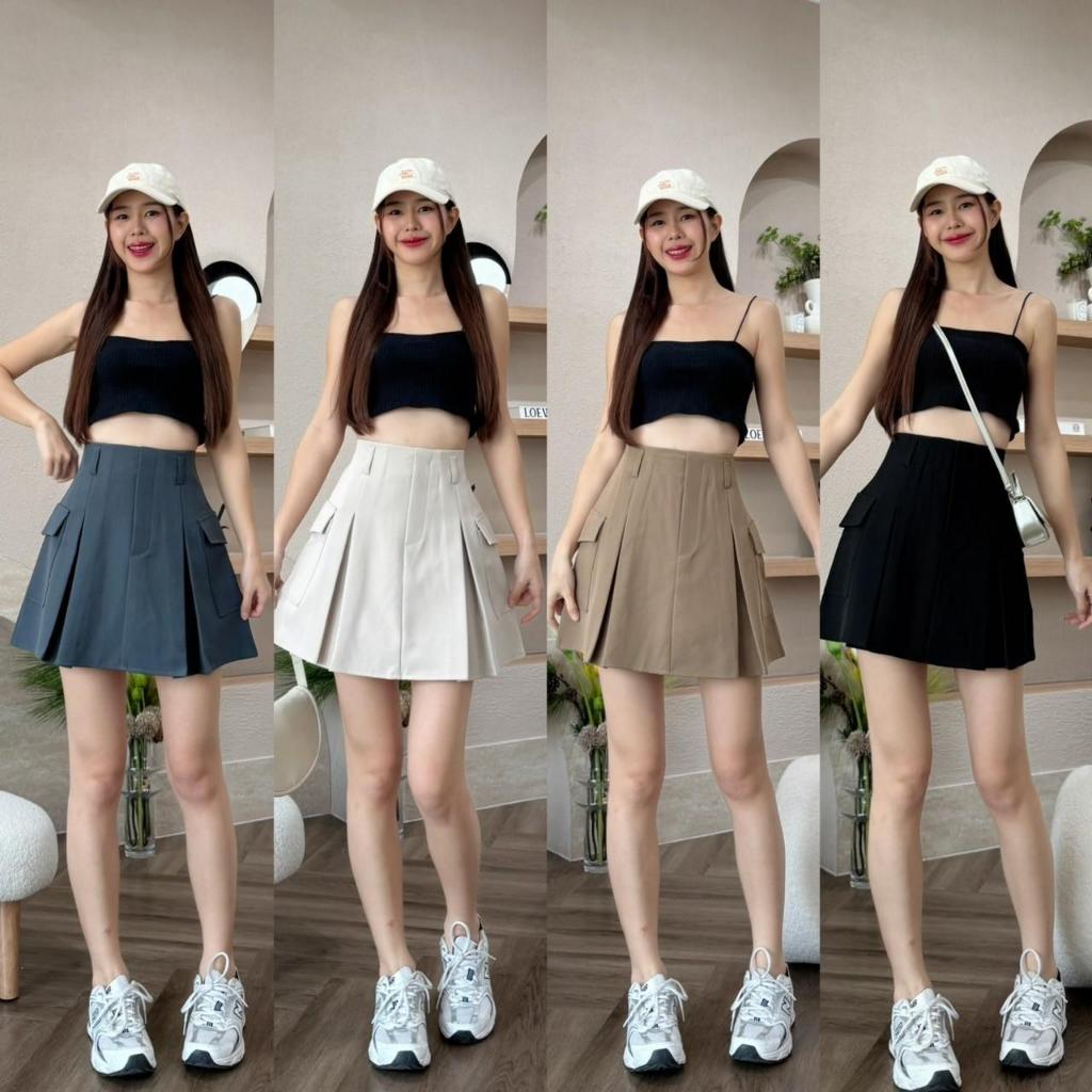 L0060  Beer&Oil กางเกงกระโปรงเอวสูง ผ้าป๊อกกี้ คาโก้กระเป๋าทั้ง2ข้างใช้งานได้จริง