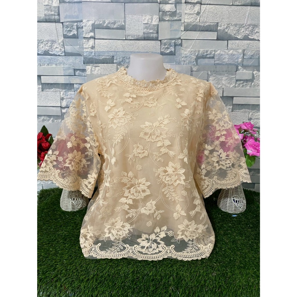 เสื้อลูกไม้ เสื้อสีดำ เสื้อลูกไม้สีดำ  ผ้าแก้ว สตรี สาวอวบ ออกงานรุ่น4677-6