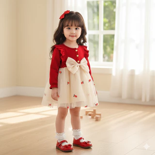 Babyonline(Y434)A5C5 (ส่งด่วน1วัน)ชุดกระโปรงแฟชั่นเด็กผู้หญิงผ้าชีฟองแต่งโบว์ ซับในผ้าฝ้าย ไม่ระคายเคืองผิว