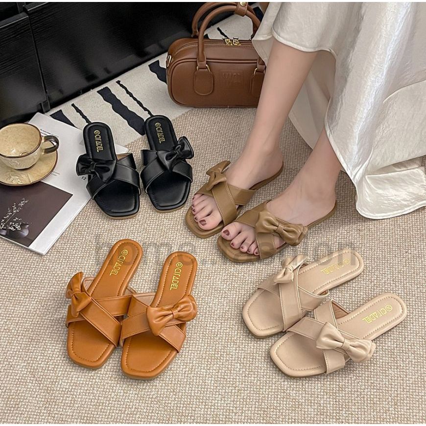home..fashion รองเท้าแตะสวม แฟชั่นผู้หญิง ประดับโบว์ พื้นนิ่ม น้ำหนักเบา พร้อมส่งในไทย  มีบริการส่งด่วน S-236