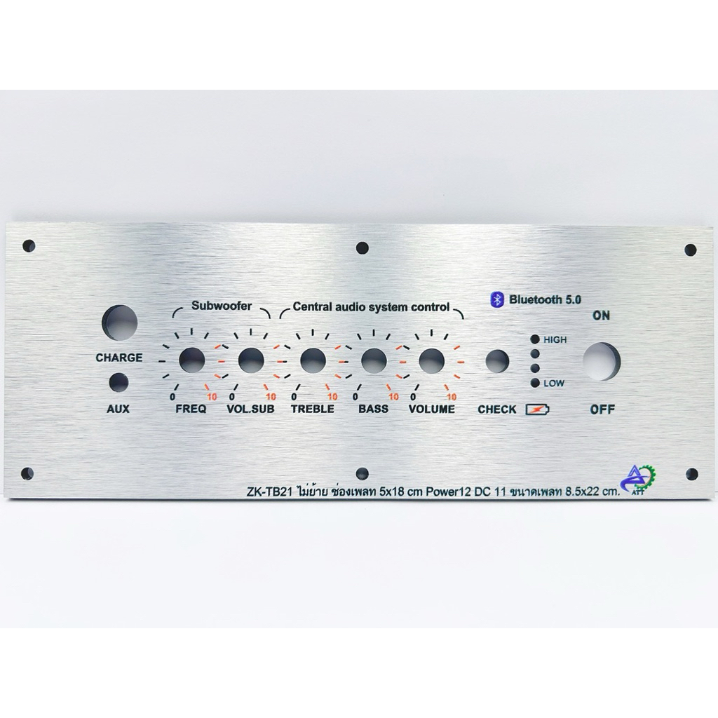 เพลทลำโพงบลูทูธZK-TB21 ไม่ย้าย ช่องเพลท5x18cm วัตแบตเม็ดไฟ สวิตช์12มิล DC11มิล ขนาดเพลททั้งหมด8.5x22cm.