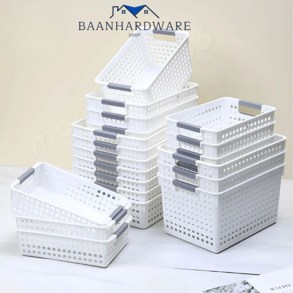 BAANHARDWAREกล่องเก็บของ ตะกร้าเก็บของ กล่องพลาสติกจัดเก็บเอนกประสงค์ ตระกร้าสีขาว ตระกร้าอเนกประสงค์ ER-S009