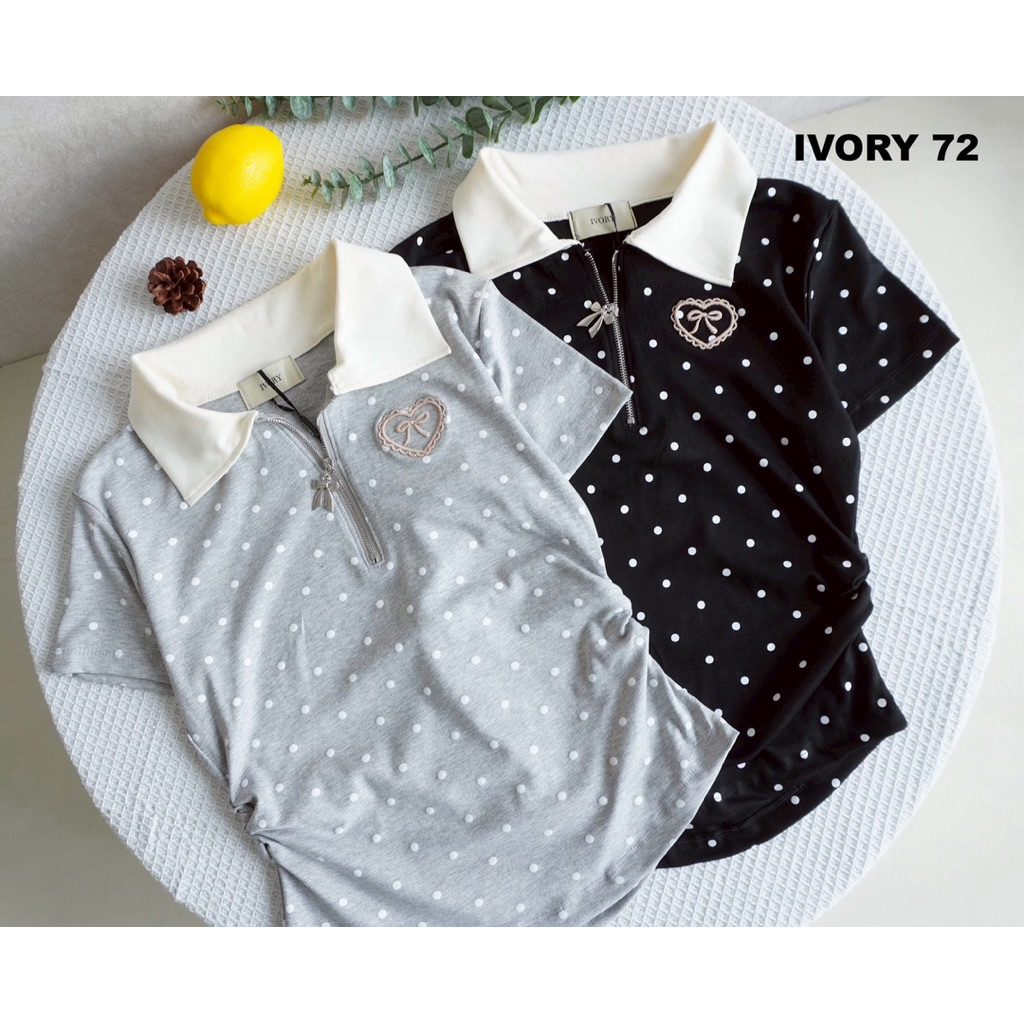 VV908- VV913 - IVORY เสื้อยืดแฟชั่น คอปกซิป ลายจุด หยุ่มข้าง น่ารัก