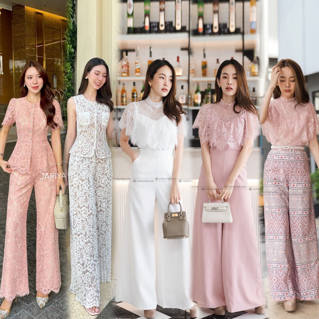 S-XXL ชุดเซทกางเกงขาวยาว เสื้อลูกไม้ สีขาว/ชมพู/ดำ ใส่ทำบุญ ไปงานแต่งงานบวช