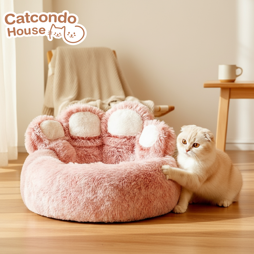 Cathouse เบาะอุ้งเท้าหมี ที่นอนสัตว์เลี้ยงรูปอุ้งเท้านุ่มฟู ทรงกลม ขนาด 50/70 ซม.ที่นอนแมว บ้านแมว เตียงแมว