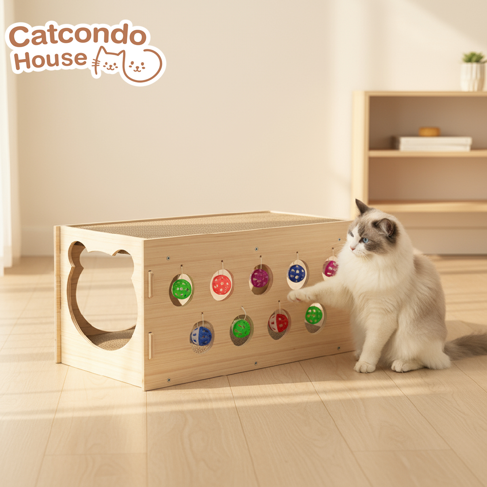 Cathouse กล่องลับเล็บ(หูแมว)(52x30x34cm) กล่องลับเล็บ+กระดิ่ง(59x32x29cm) บ้านแมวไม้ 2 ชั้นพร้อมที่ลับเล็บและของเล่นบอล