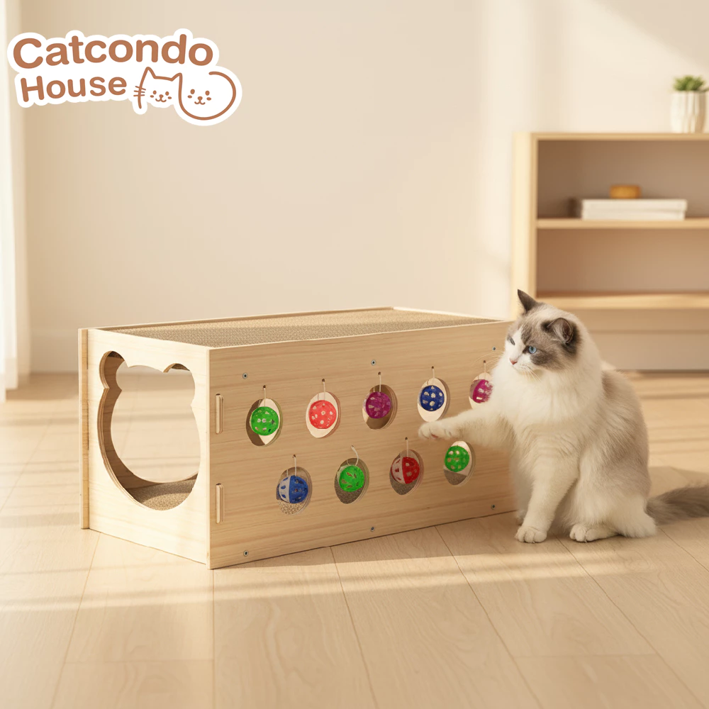 Cathouse กล่องลับเล็บ(หูแมว)(52x30x34cm) กล่องลับเล็บ+กระดิ่ง(59x32x29cm) บ้านแมวไม้ 2 ชั้นพร้อมที่ลับเล็บและของเล่นบอล
