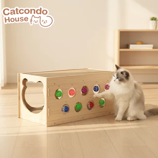 Cathouse กล่องลับเล็บ(หูแมว)(52x30x34cm) กล่องลับเล็บ+กระดิ่ง(59x32x29cm) บ้านแมวไม้ 2 ชั้นพร้อมที่ลับเล็บและของเล่นบอล