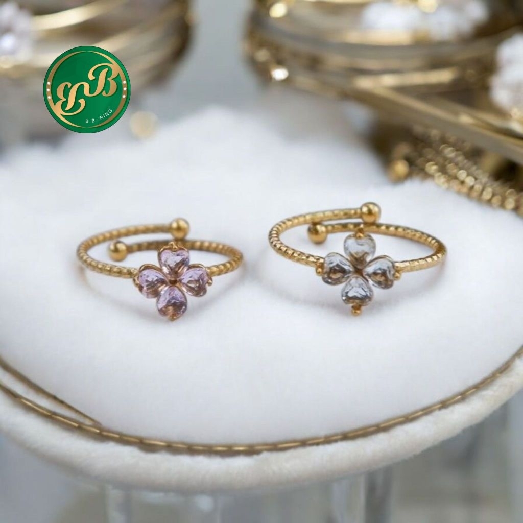 BBแหวนสแตนเลสลายดอกไม้จิ๋วฟรีไซต์บีบอ้าได้วงเล็กคนนิ้วเล็กๆใส่ได้