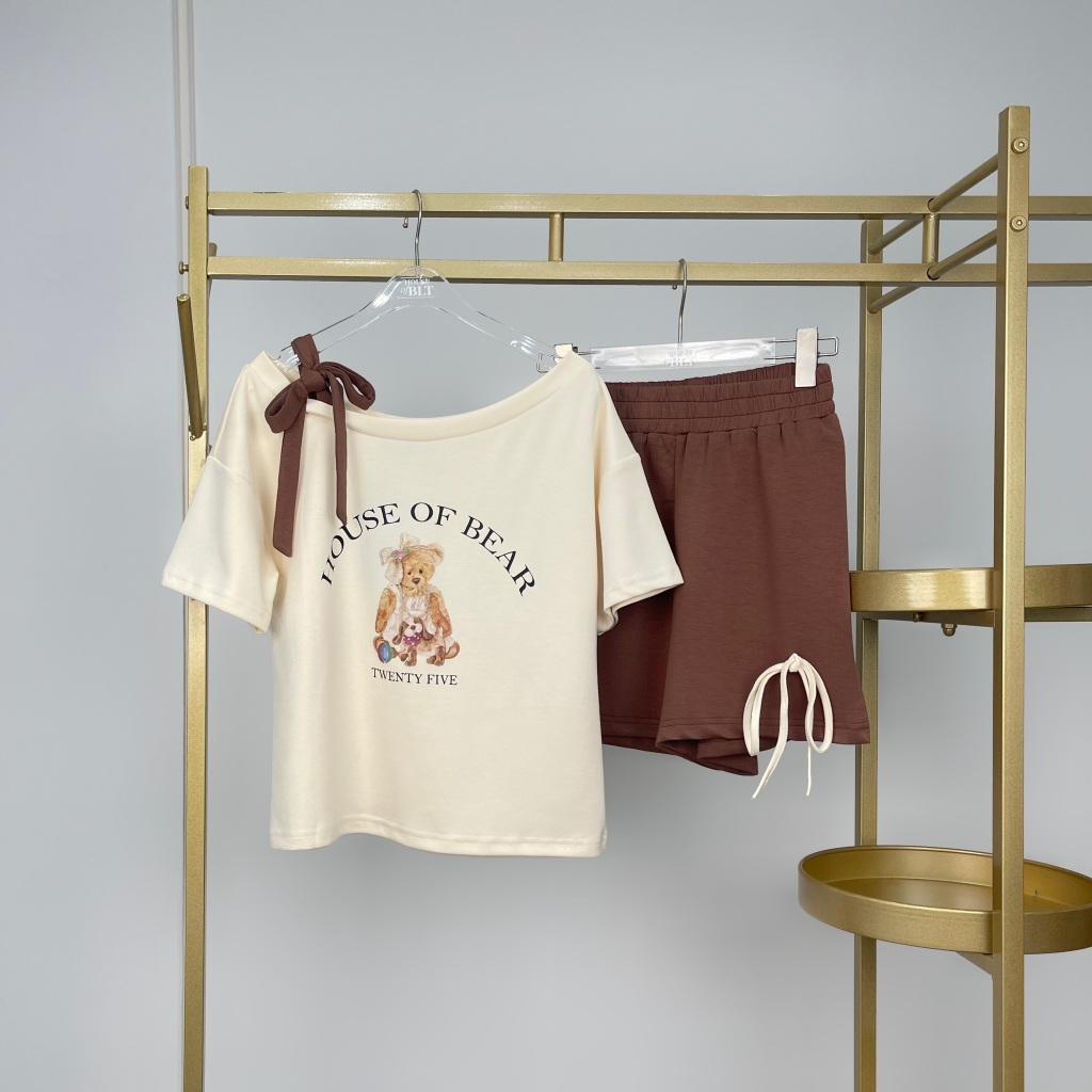 A635 25 TWENTY FIVE เซ็ทกางเกงเสื้อปาดไหล่ดีเทลผูกโบว์ ชุดเที่ยว