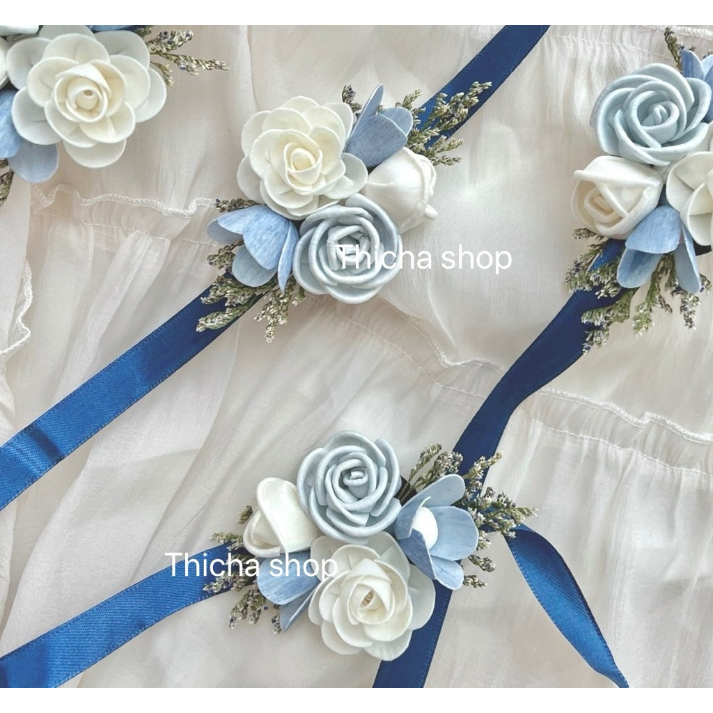 ดอกไม้ ผูกข้อมือ เพื่อนเจ้าสาว สีฟ้า ขาว น้ำเงิน Handmade