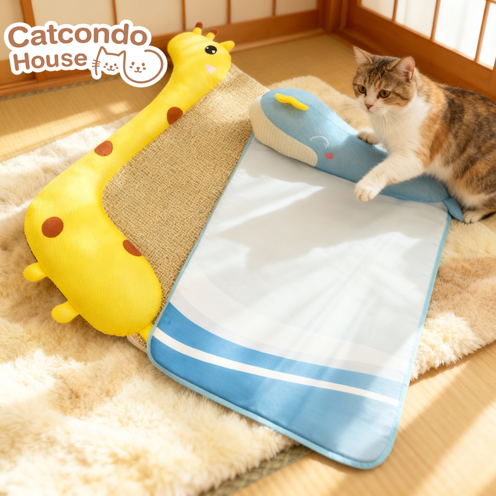 Cathouse เสื่อตุ๊กตารูปสัตว์ วาฬฟ้า  ยีราฟเหลือง เบาะนอนสัตว์เลี้ยงลายการ์ตูนน่ารัก เย็นสบาย ระบายอากาศดี
