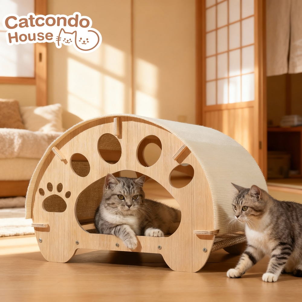 Cathouse บ้านโค้ง+เสื่อ(ลายเท้าแมว) ที่ลับเล็บแมวไม้โค้งพร้อมของเล่นบอล ขนาด 60x32x24 ซม. แข็งแรงทนทาน