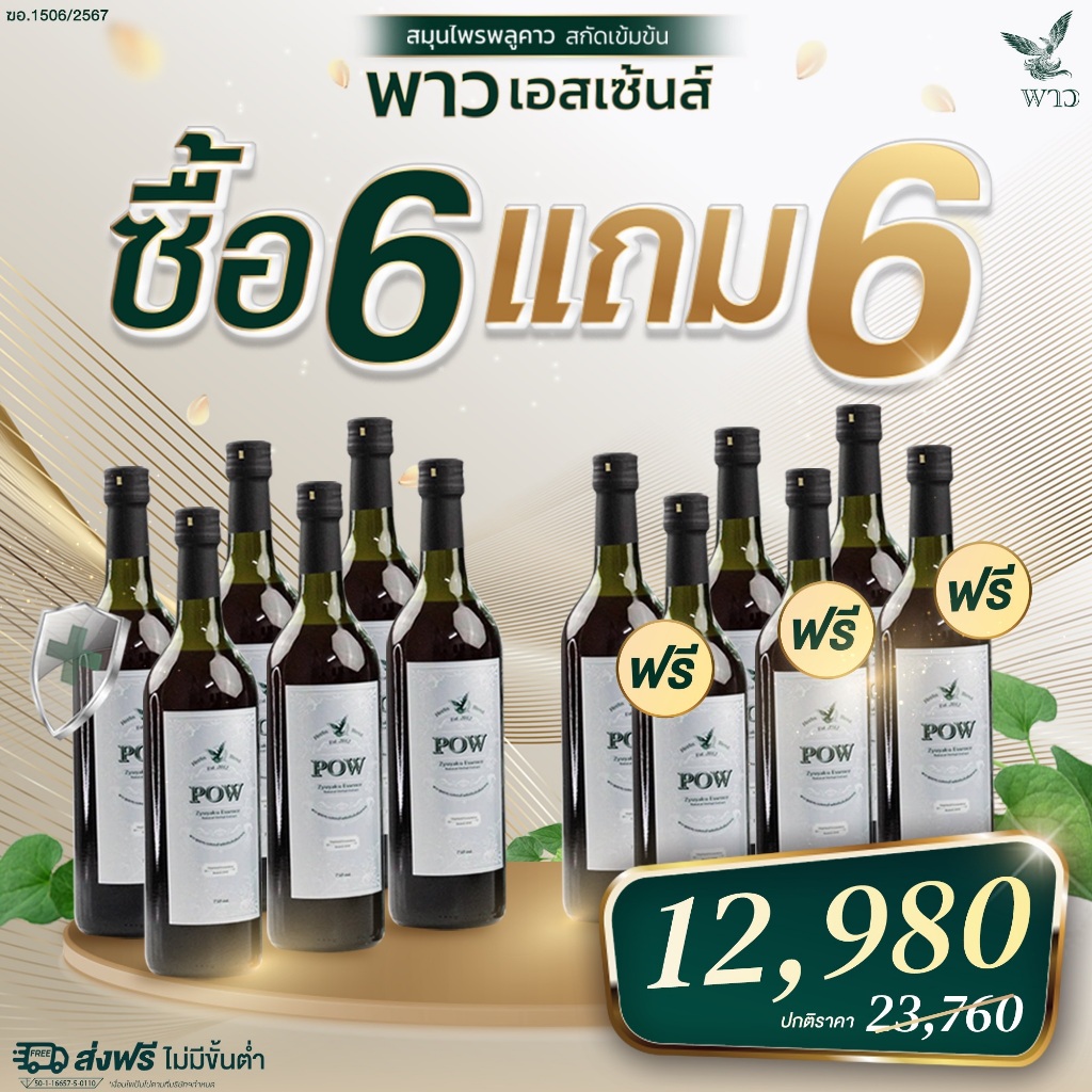 พาวน้ำ 6 แถม 6 สมุนไพรพลูคาวสกัดเข้มข้น 750 ml.  ของแท้ส่งฟรี !!