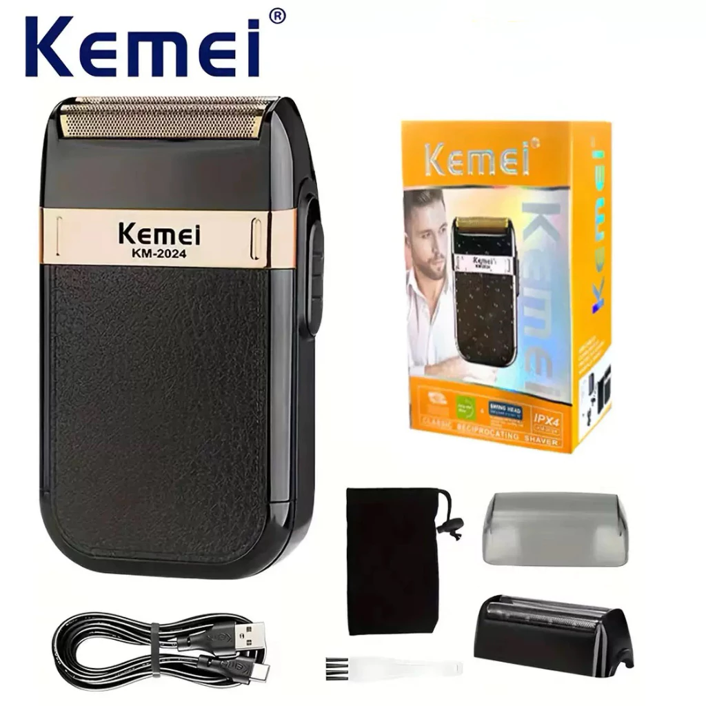 เครื่องโกนหนวดไฟฟ้าสำหรับผู้ชายกันน้ำลูกสูบไร้สายมีดโกน USB ชาร์จเครื่องโกนหนวดตัดผม จอน KM-2024