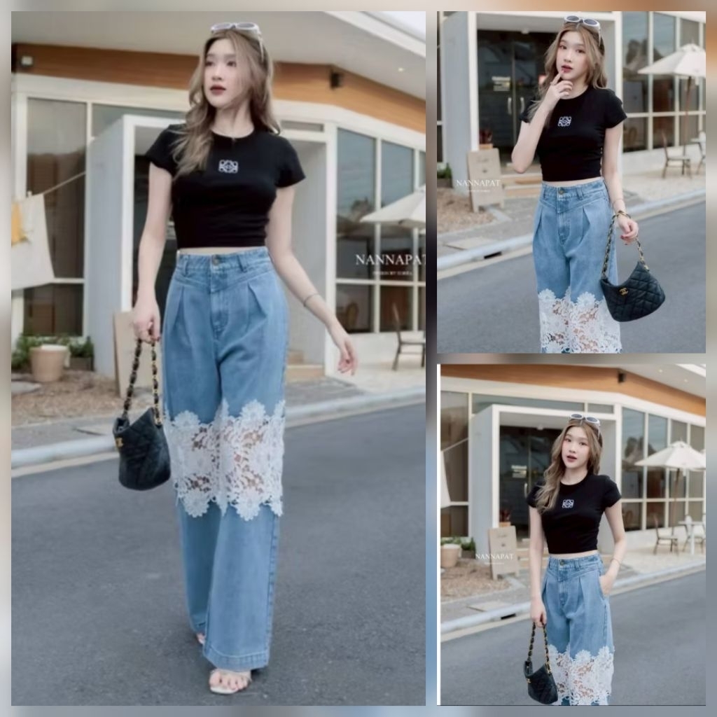 238💘มีS-4xl[เอวเล็ก1"]CLTเซตกางเกงยีนส์ขายาวแต่งลูกไม้