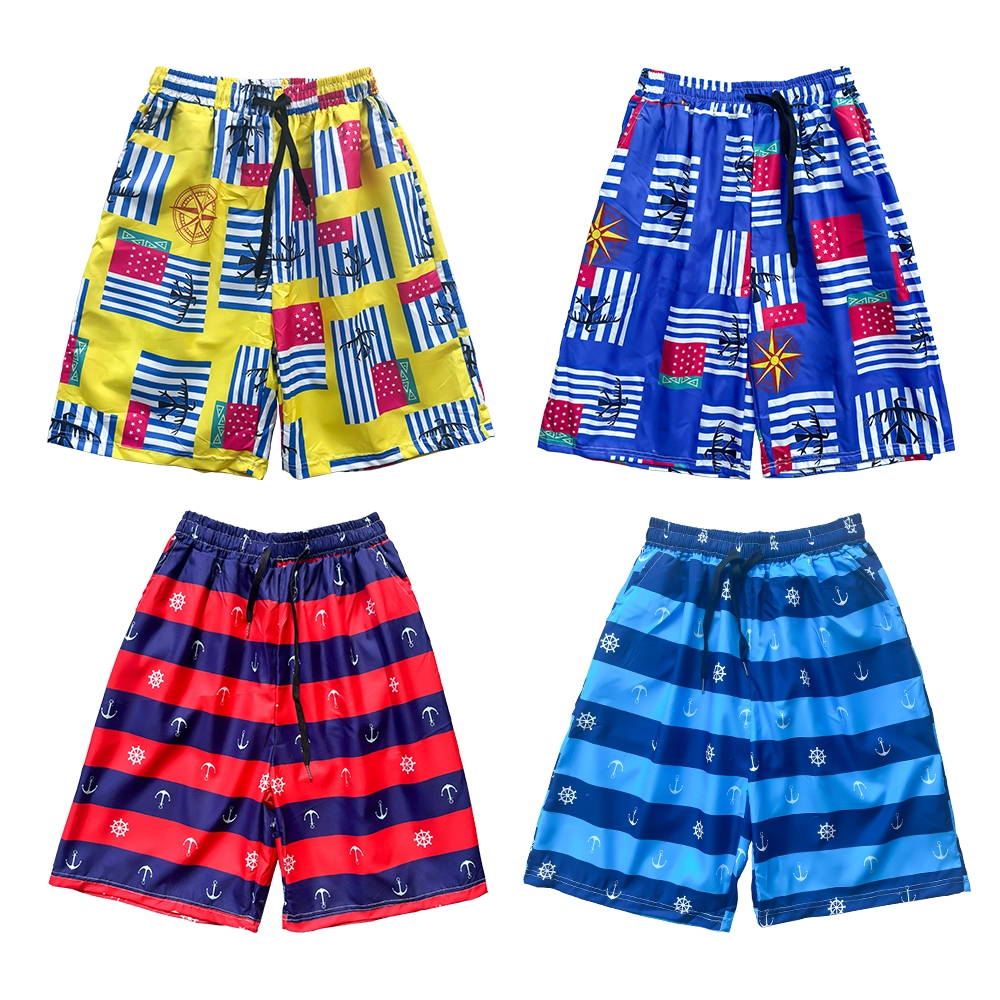 ลายใบไม้ กางเกงขาสั้นชายหาด กางเกงขาสั้น กางเกงขาสั้นสบายๆ สีดำและสีน้ำเงิน - รูปที่ 3