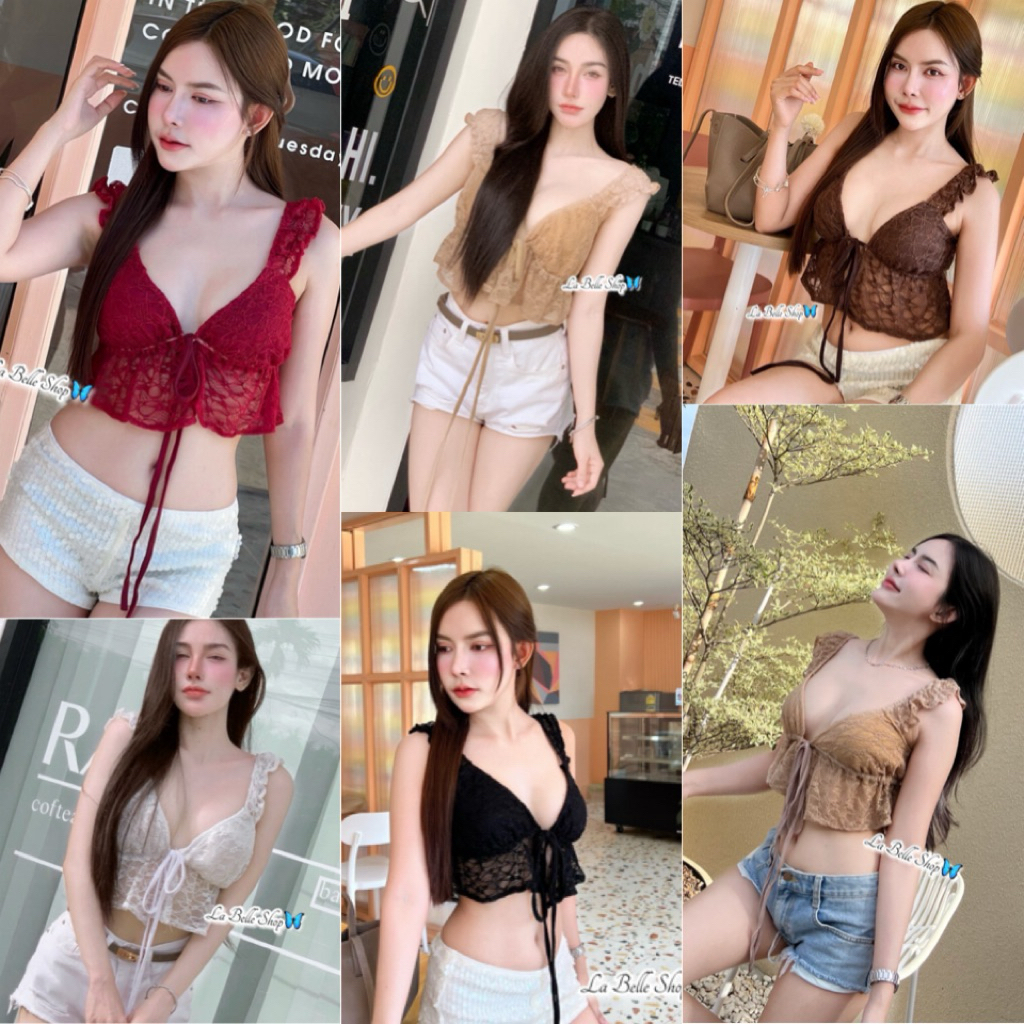 💕ShopBypuy💕เสื้อสายเดี่ยวลูกไม้ผูกหน้าแขนระบาย