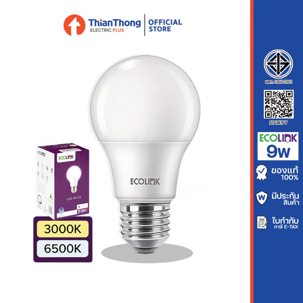 EcoLink หลอดไฟ กันไฟกระชาก LED Bulb A60 ขนาด 9W ขั้วเกลียว E27 อีโคลิงค์