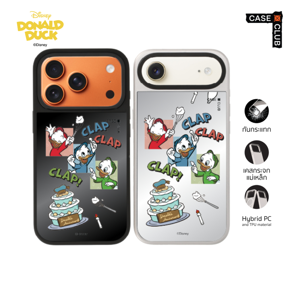 CaseClub เคสไอโฟน เคสกระจก ลาย Donald Duck Clap Donald Duck เค้กงานปาร์ตี้ในวัยเด็ก สำหรับ i17 Pro M