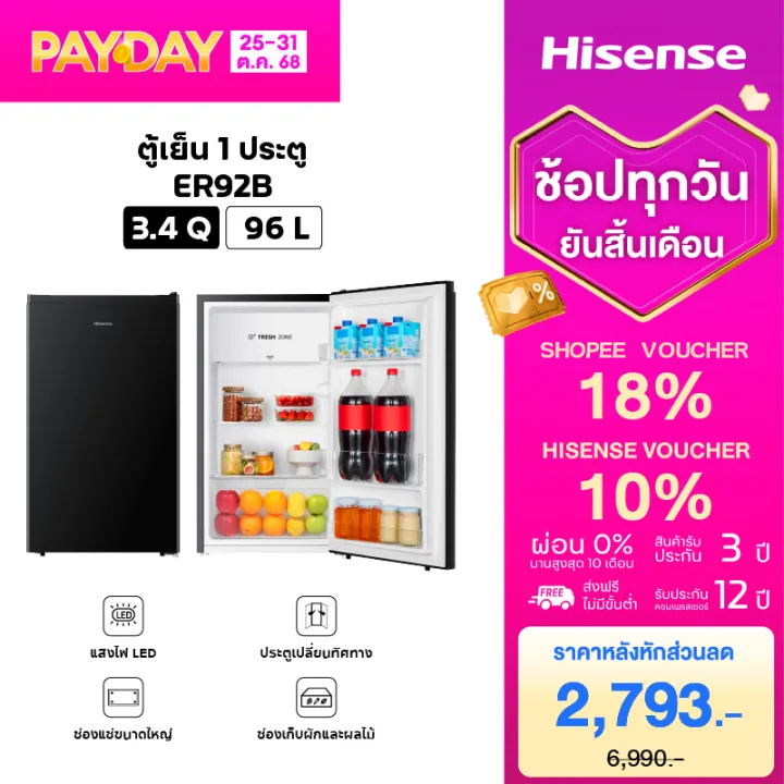 Hisense ER92B ตู้เย็น 1 ประตู(ตู้เย็น) ความจุ 96 ลิตร รุ่น RR121D4TGN-สีเงิน/สีดำ【สามารถเปิดประตูได้
