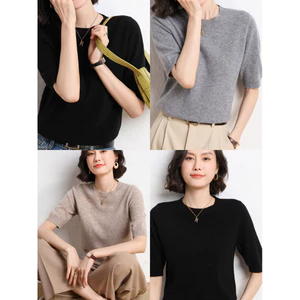 CHERISH ส่งด่วน (O: คอกลม)  เสื้อแขนสั้น ไหมพรม ผ้าบางนุ่ม คุณภาพดี คอกลม สีดำ แขนสั้น
