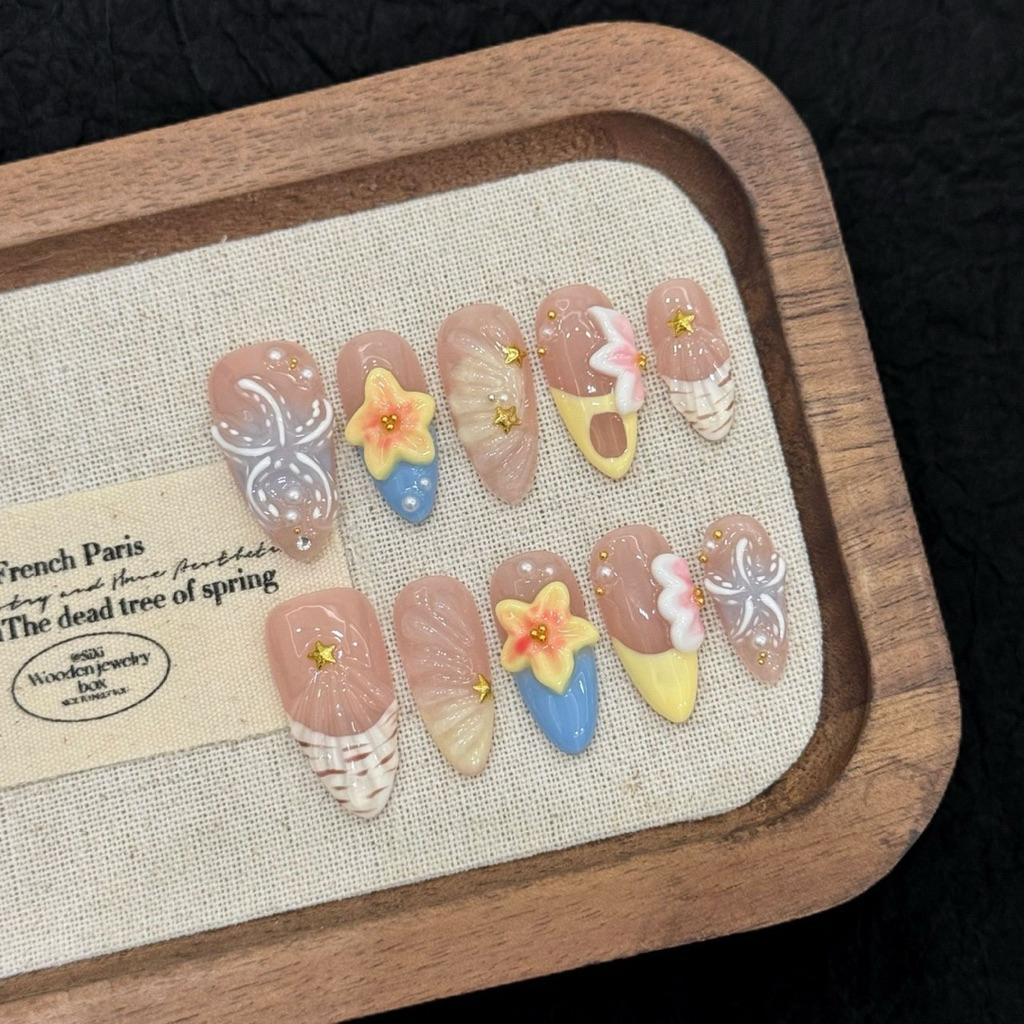 ฟรีกาว🍎Handmade A3016เล็บเจลต่อสำเร็จ ลายแฟนซีดอกไม้พาสเทล ฟ้า–เหลือง–ชมพู ดีไซน์เกาหลีสุดคิ้วท์