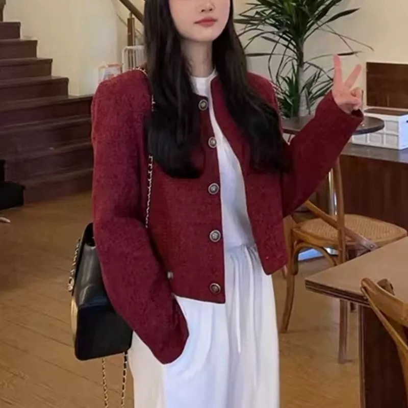 คาร์ดิแกน เบลเซอร์ สีดํา ผู้หญิง ผ้าทวีต สไตล์คุณหนู มีซับในตัว งานสวยหรูหรา เสื้อคลุม กระดุมผ่ากลาง แขนยาว Blazer - รูปที่ 6