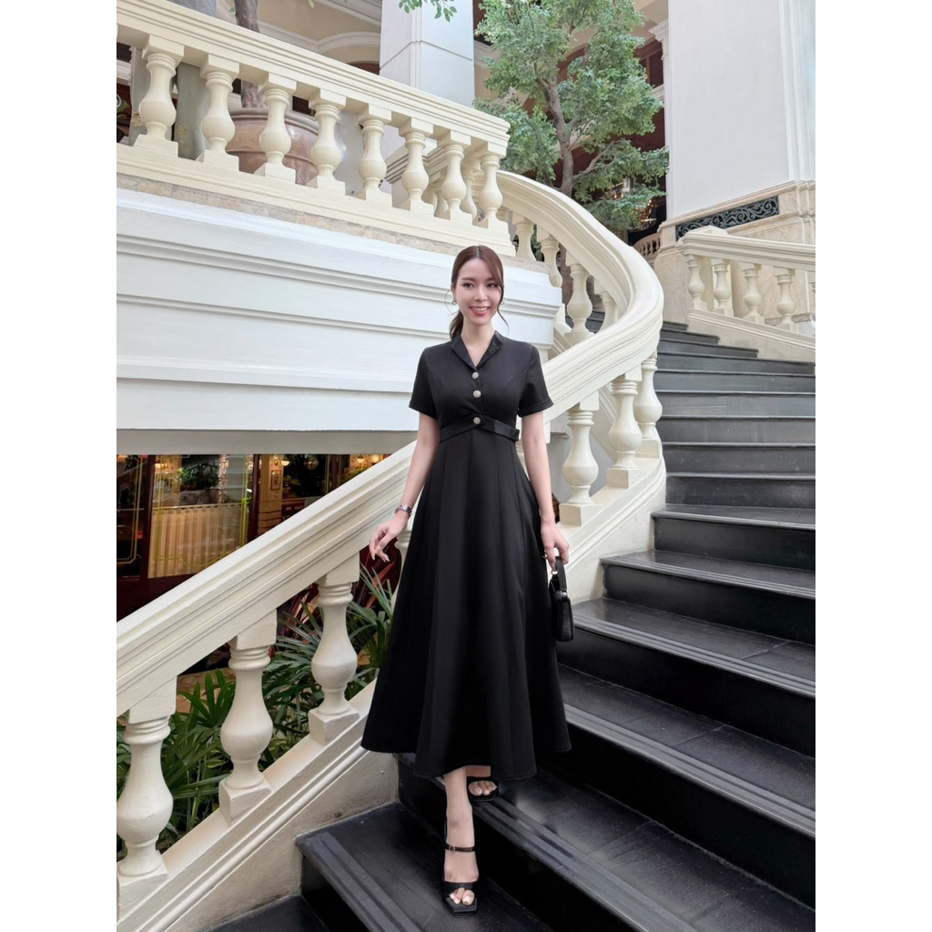 Milyn เดรสยาวคอสูทแขนสั้น สีดำสุดคลาสสิก ดีไซน์เรียบหรู ดูแพงทุกมุมมอง