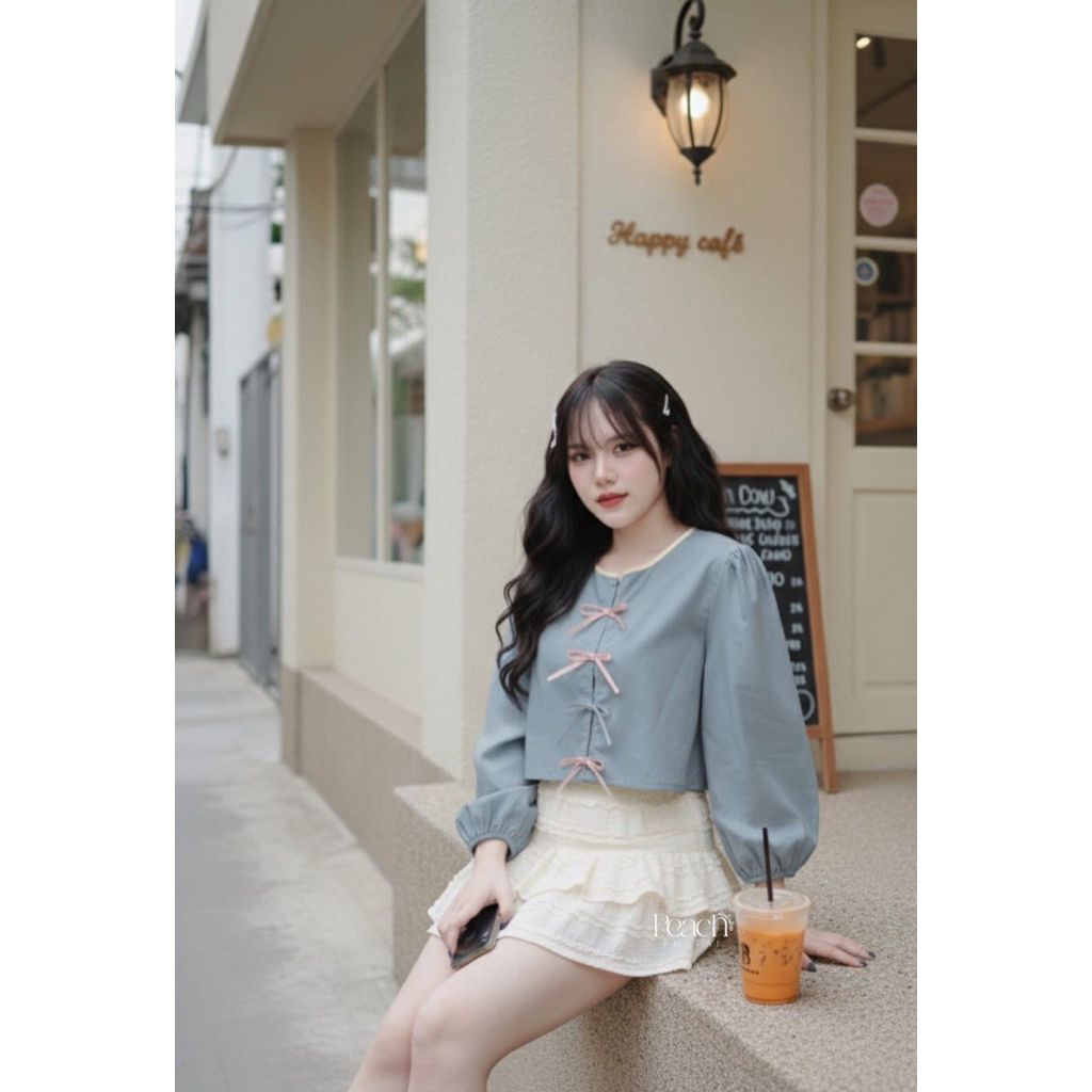 เสื้ออันยองเนื้อผ้าฝ้ายแขนยาวผูกโบว์ข้างหน้า