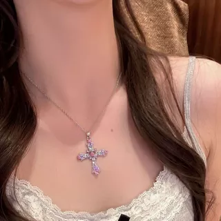 Lunar Blossom ✨✨ สร้อยคอ. จี้ไม้กางเขน ลูกปัดคริสตัล การออกแบบสองชั้น สไตล์หวานและเผ็ด พร้อมส่งจากไทย y2k