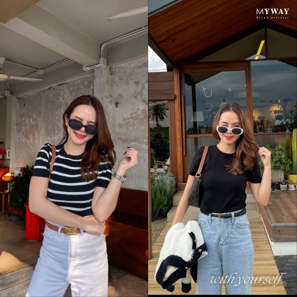 MyWay Brand : Mini Crop Knit สีดำ เสื้อครอปไหมพรมตัวเล็กยืดได้ อกหน้าผ้า 28"(เหมาะสำหรับสาว XS-L)