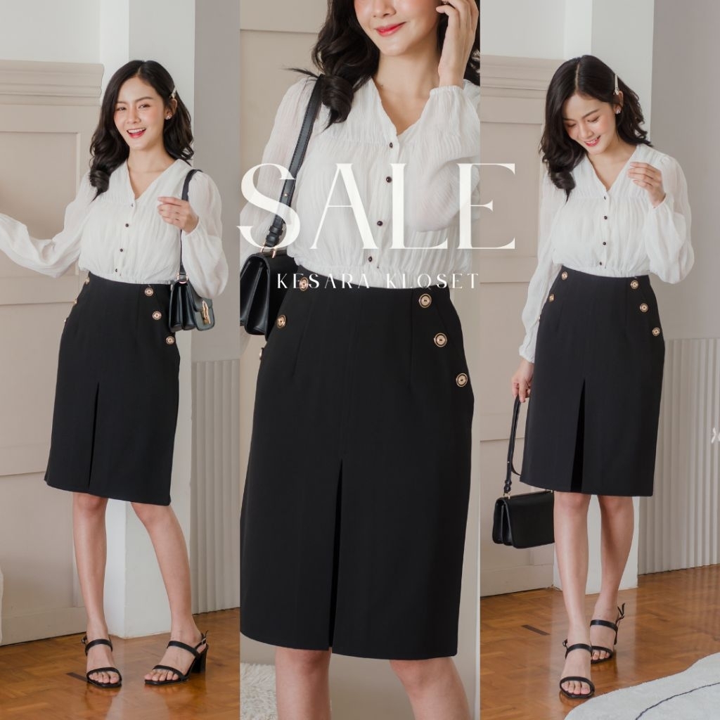 Sale !! กระโปรงทำงานเอวสูง ทรงทวิสต์ ยาว24' Olive Skirt