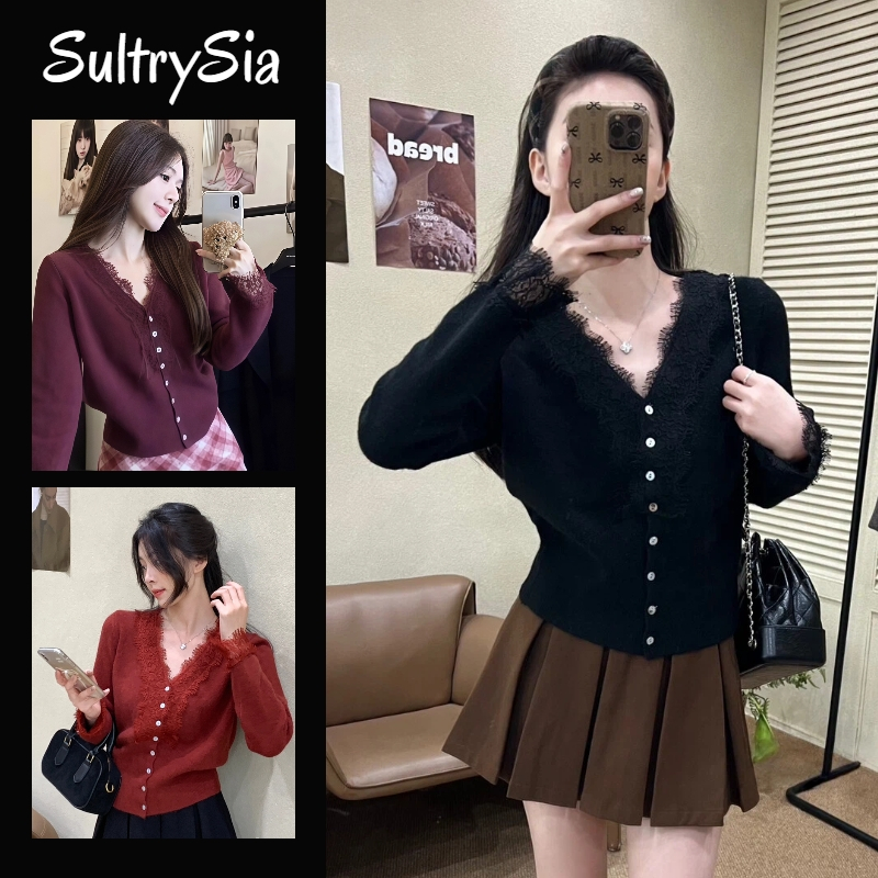 SultrySia ผ้าถักเสื้อกันหนาว เสื้อแขนยาวไหมพรมสไตล์เกาหลี คอวีแต่งลูกไม้ สีสดใสใส่สบาย "Z-T620"