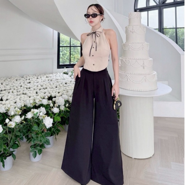 J35 -ชุดเซ็ต เสื้อคอปกเปิดหลัง ริบบิ้น แมทกางเกงขายาว ชุดเที่ยวสวยๆ