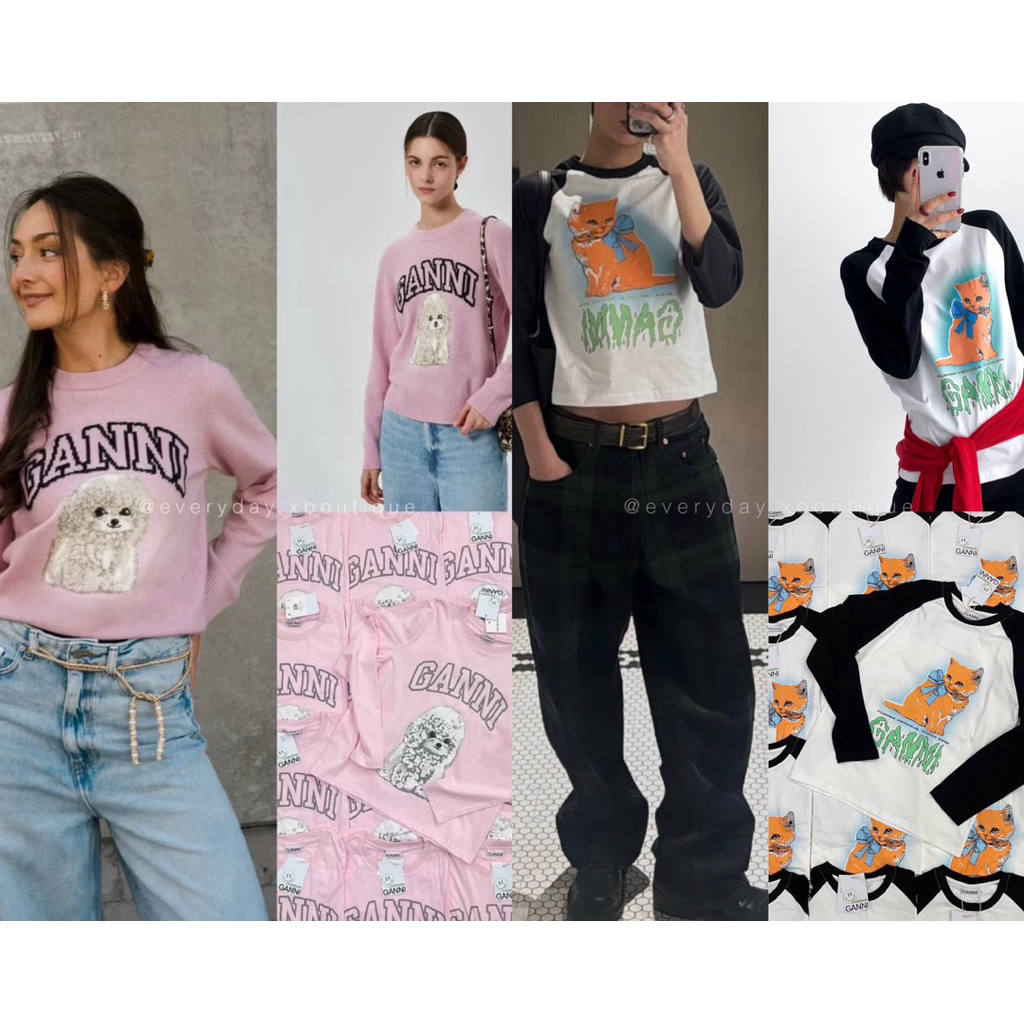 Ganni doggy sweater🐶💗🐱🐈🖤(370฿) คอลใหม่! พร้อมส่งเลย เสื้อแขนยาวสเวตเตอร์ สกรีนลายน้อนหมาน้องแมว งานช