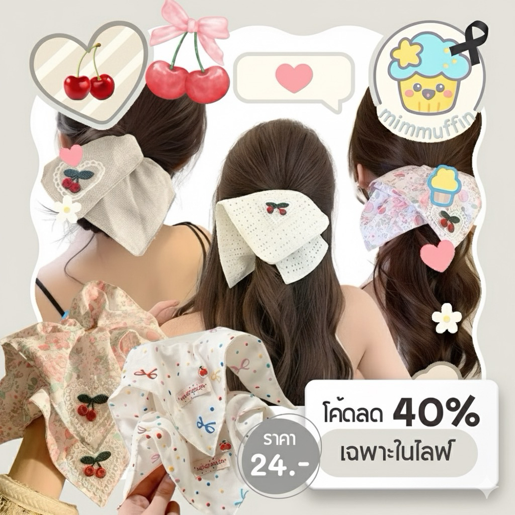 [Mimmuffin] ยางมัดผมเชอร์รี่ cherry minimal ยางรัดผมมินิมอล ผ้าฉลุ