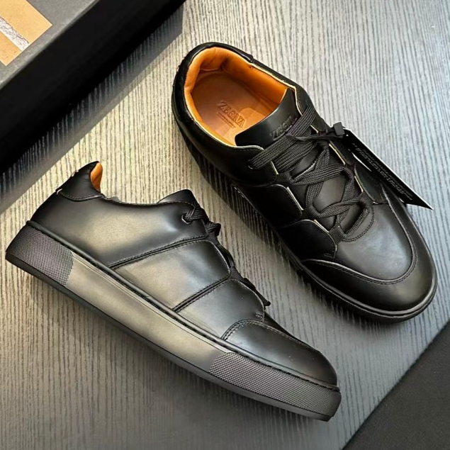 รองเท้า Zegna Leather Simple Strappy Low Upper สีดำสำหรับผู้ชาย