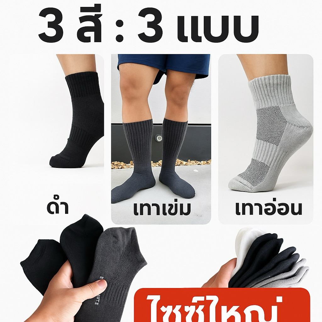 สีดำ ถุงเท้าสีดำทรงใหญ่ ข้อใต้ตาตุ่ม ข้อสั้น ข้อกลาง ข้อยาว ใส่ได้เท้า 42 - 47