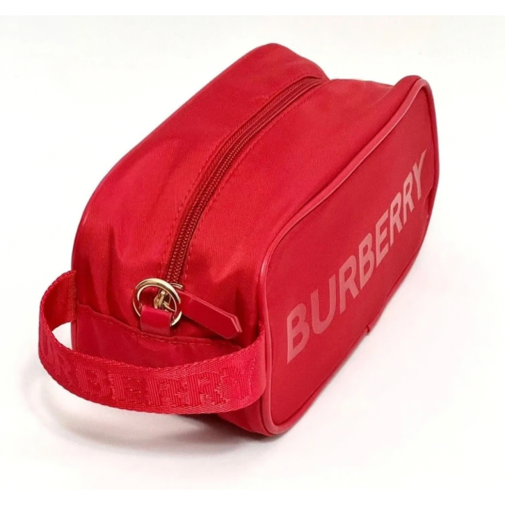 Bบrberry Red Logo Clutch Toiletry Bag Cosmetic Pouch Travel Case  , Red Nylon Logo GWP Wristlet Pouc