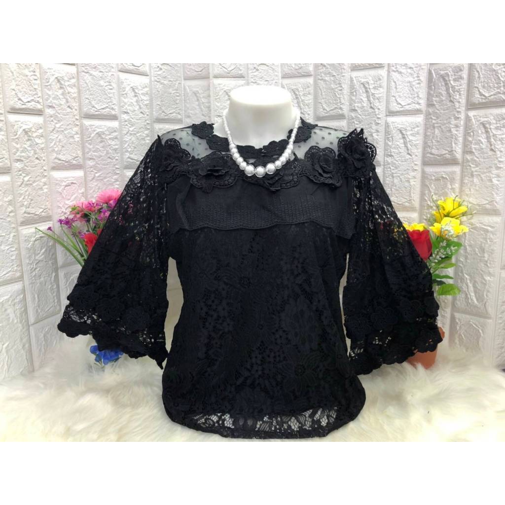 เสื้อลูกไม้ ผ้านิ่ม สีดำ เหมาะใส่ออกงาน