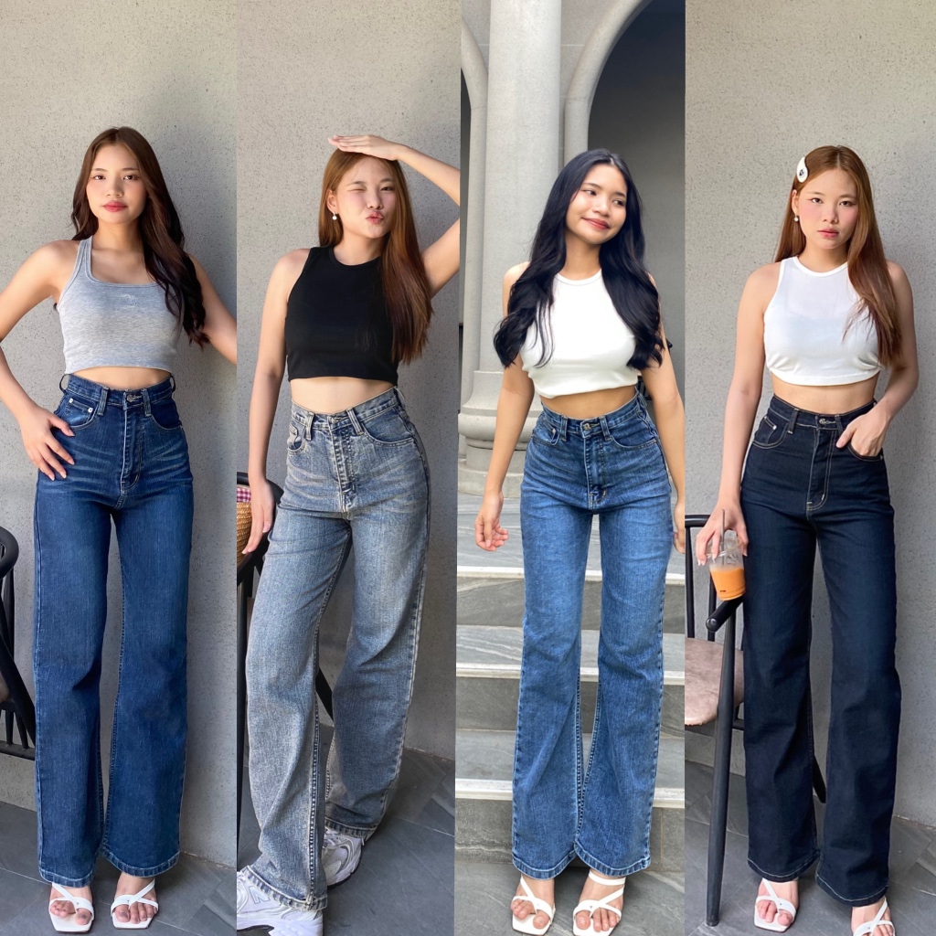 2Sisters กางเกงยีนส์กระบอกกลางเอวสูงฟอกสีสโน