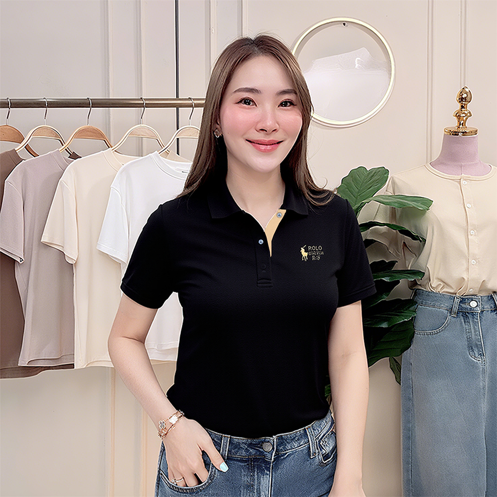 เสื้อคอปก ผู้หญิง แขนสั้น ปัก เสื้อโปโล M -3XL เนื้อผ้าอย่างดี ใส่สบาย