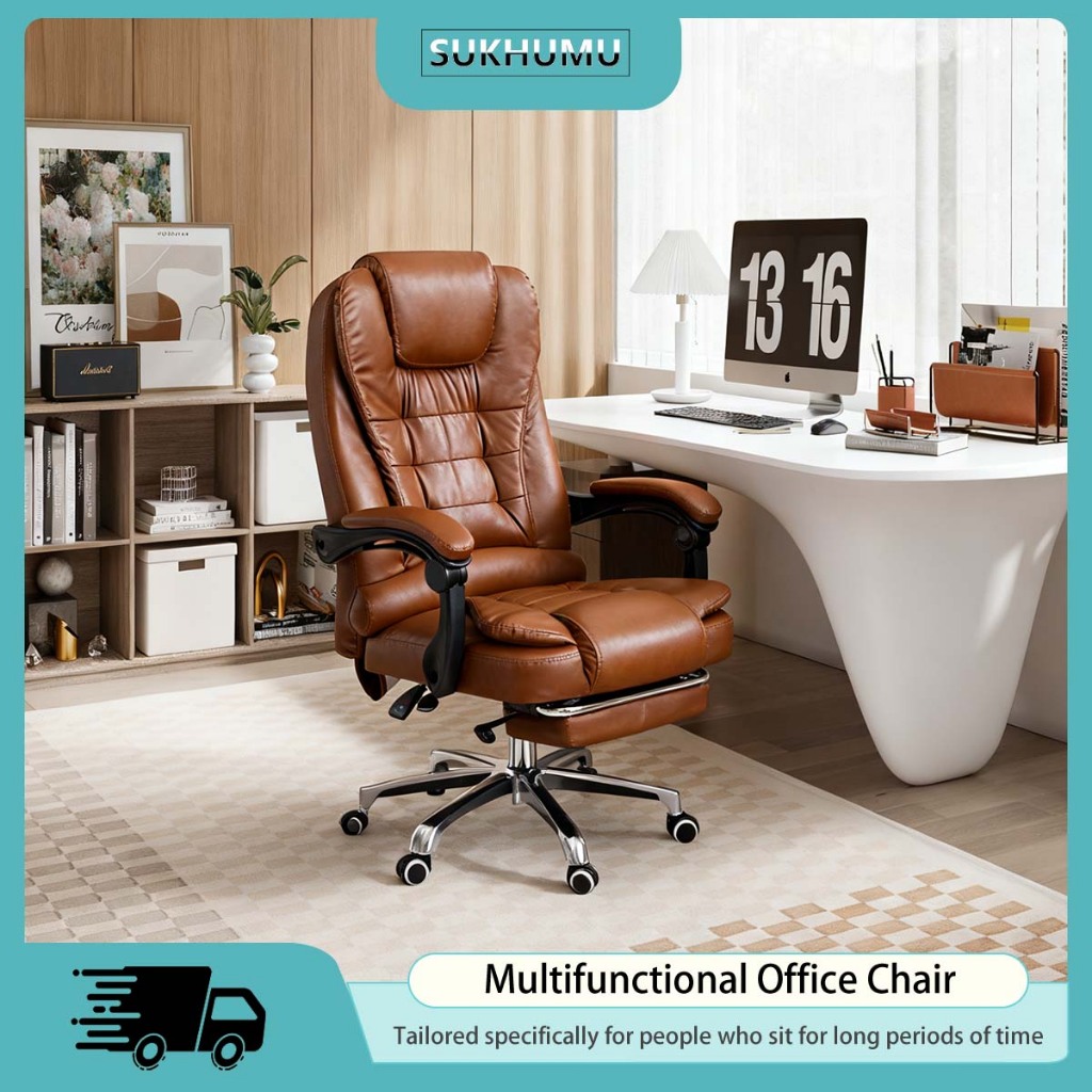 Leather Office Chair Computer Boss Chair 360° Lifting Rotating Ergonomic Massage Chair With Footrest