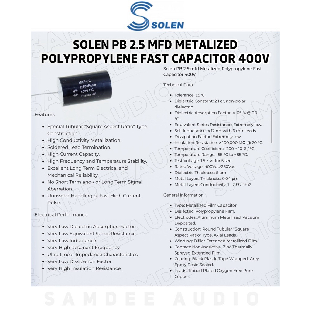 ราคาต่อ1ชิ้น/Solen PB 2.5 mfd Metalized Polypropylene Fast Capacitor 400V